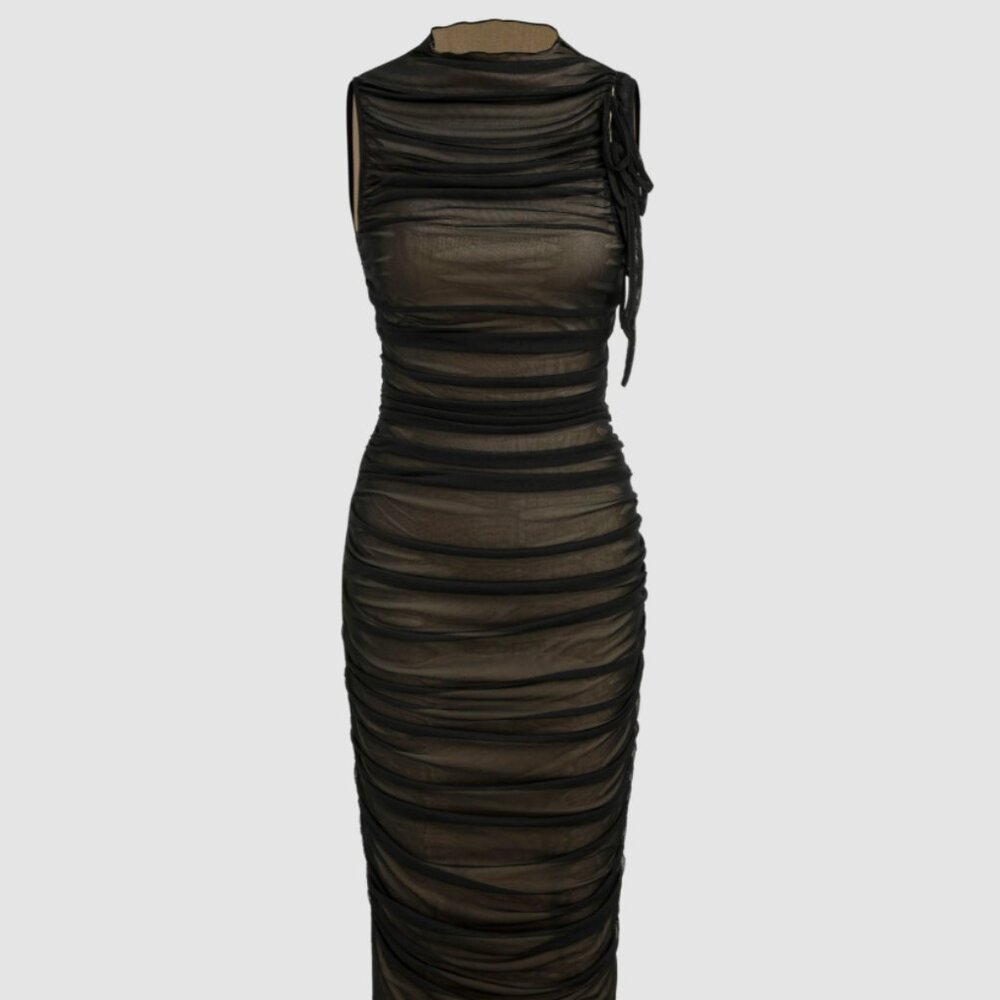 Cider Mesh Ruched High Neck Midi Dress